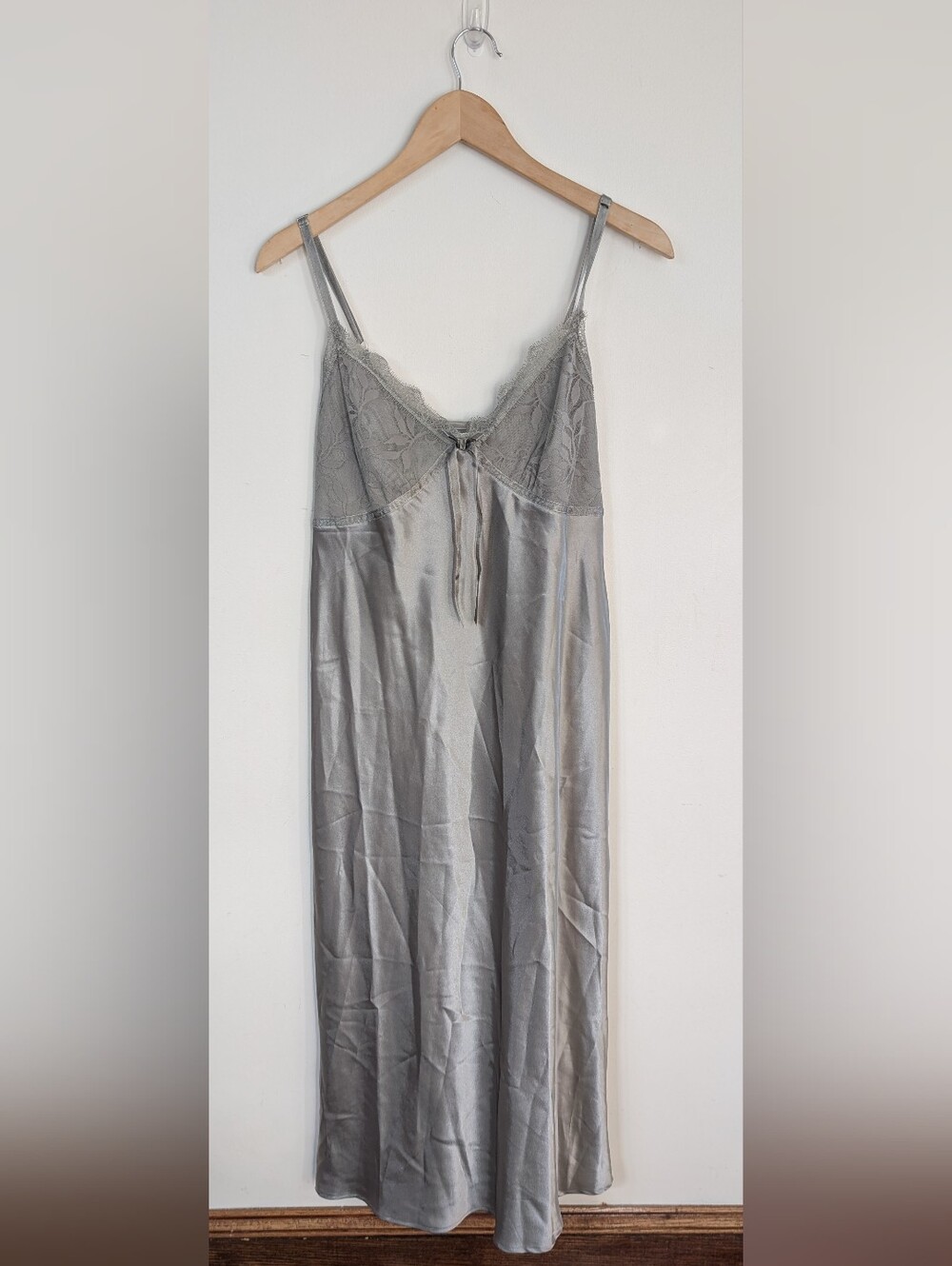 Laura Ashley Satin Grey Silver Lace Slip Dress Nightgown XL